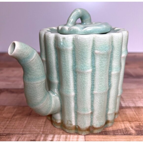 Pretty Celadon Crackle Glaze Ceramic Bamboo Teapot - Picture 2 of 5